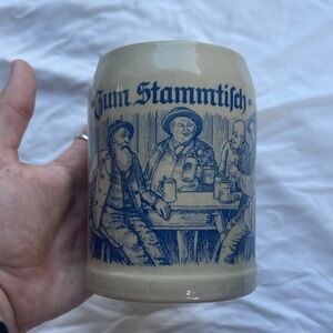 Vintage German Stoneware Beer Stein with Blue Tavern Illustration Bierkrug